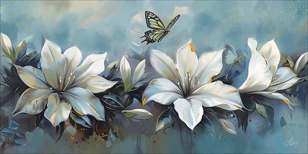 WHITE FLOWERS BUTTERFLY Print