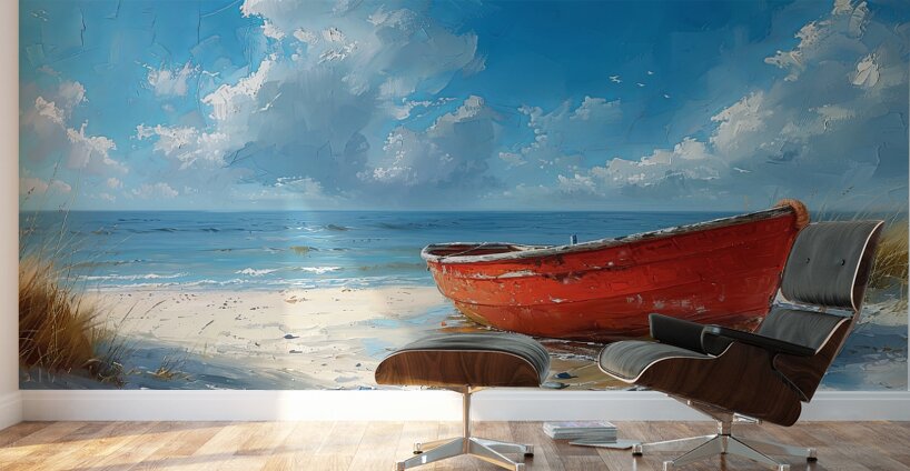 Red boat shore Wall Murals